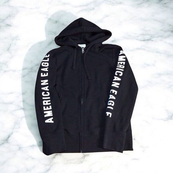 American Eagle Hoodie Sweatshirt Full Zip Black Size XS With Arm logos - Picture 1 of 4